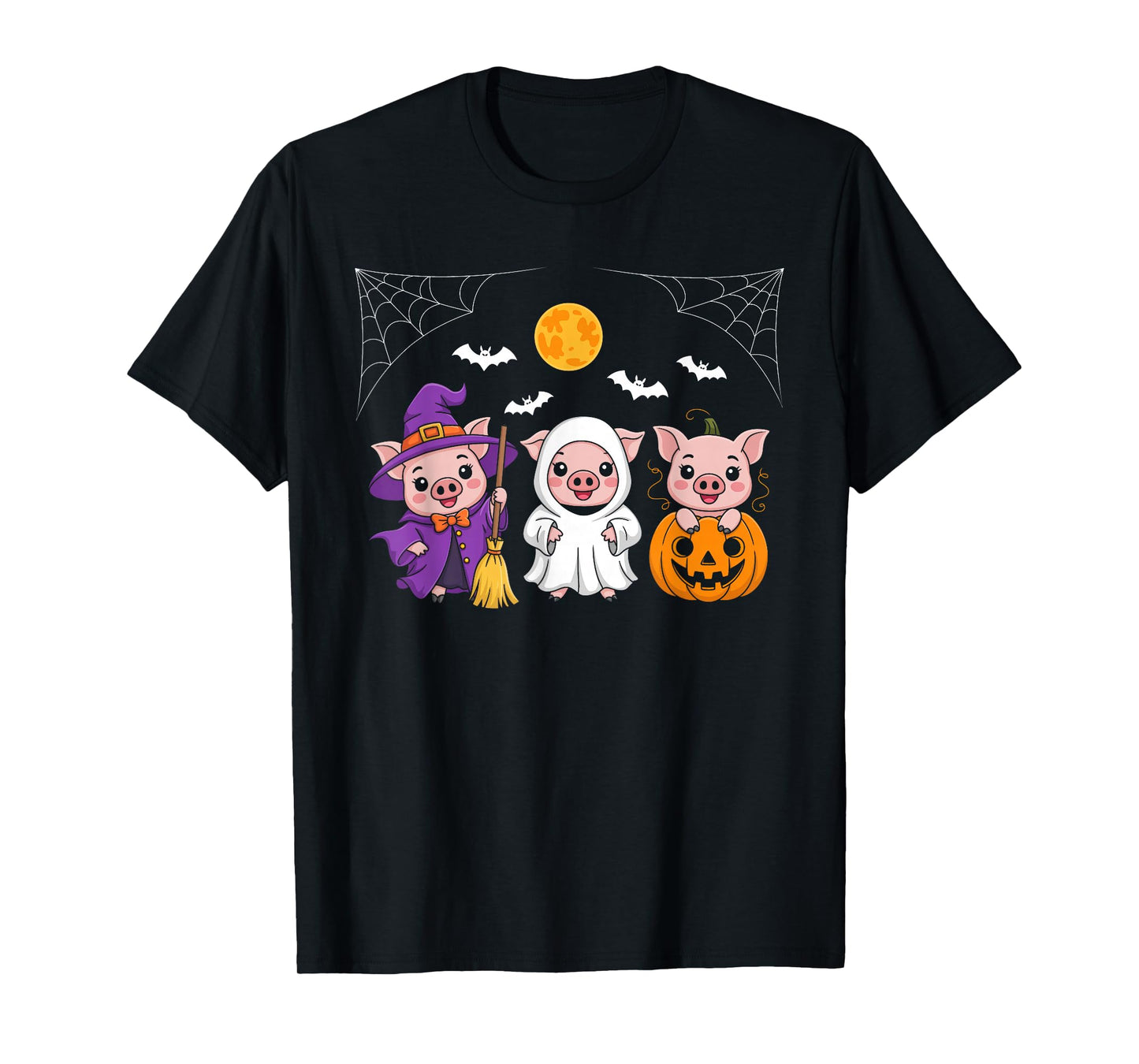 Three Halloween Pigs Cosplay Witch Boo Carved Pumpkin T-Shirt