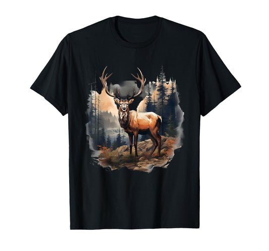 Deer Forest Landscape Wildlife Artwork Nature Animal Lovers T-Shirt