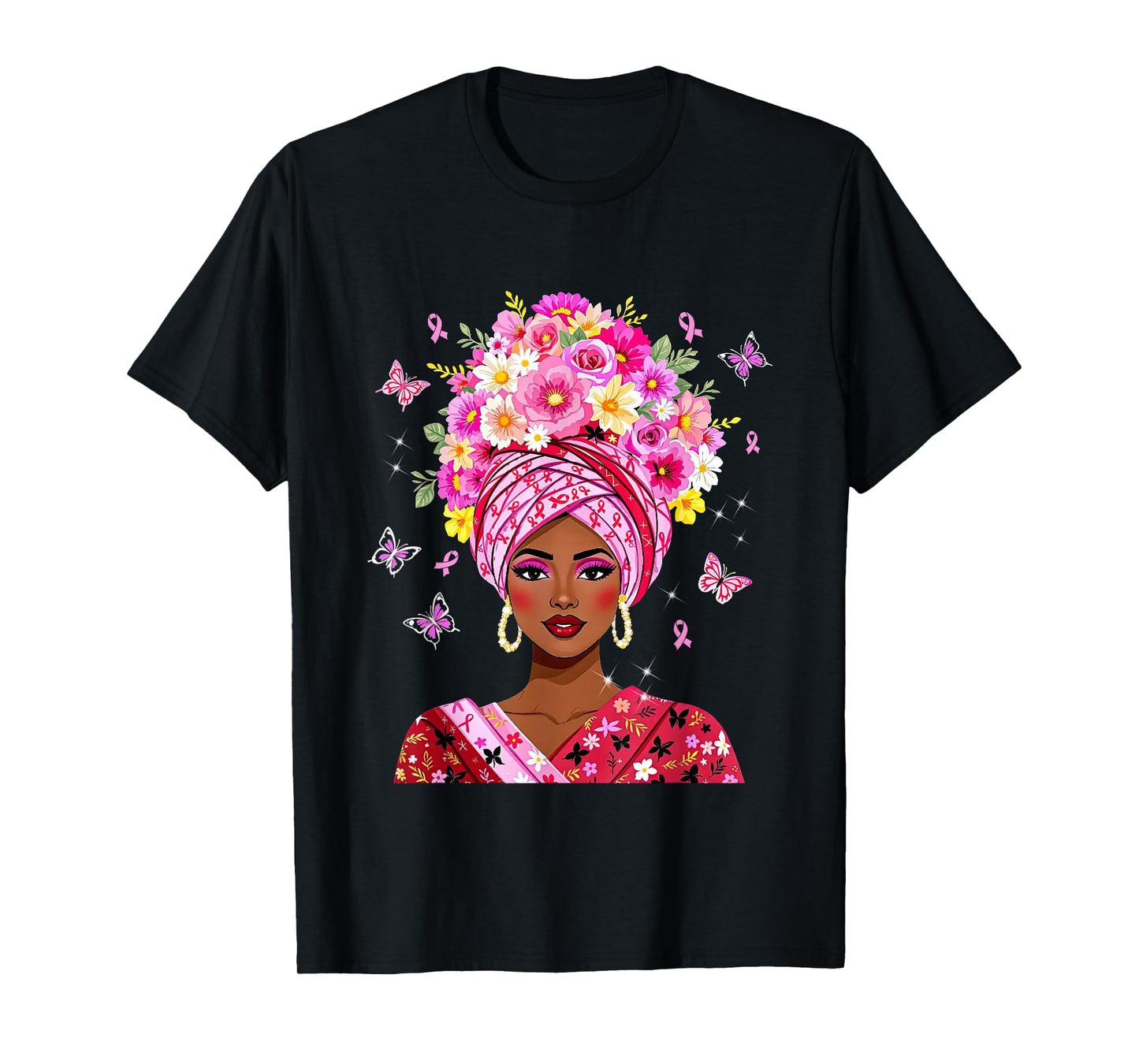 Floral Breast Cancer Black Women Afro Pink Ribbon Survivor T-Shirt