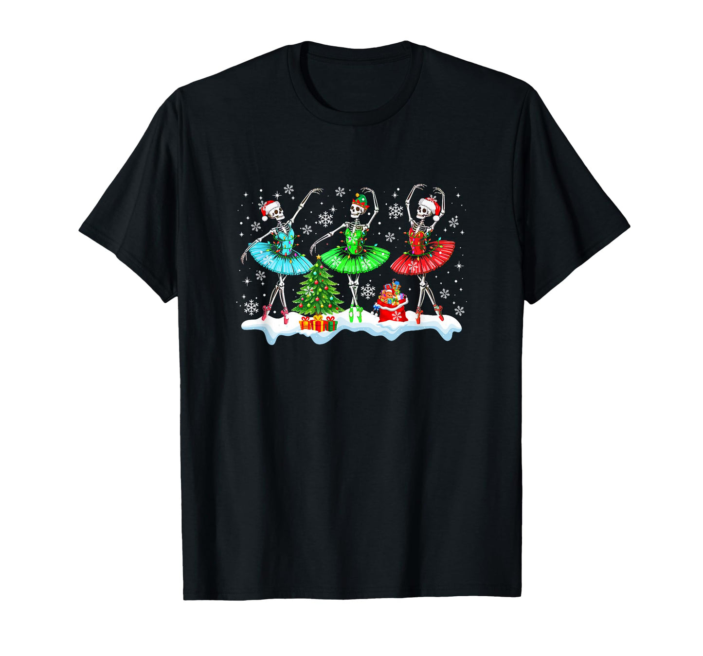 Three Santa Elf Skeletons Dancer Dancing Christmas Tree Snow T-Shirt