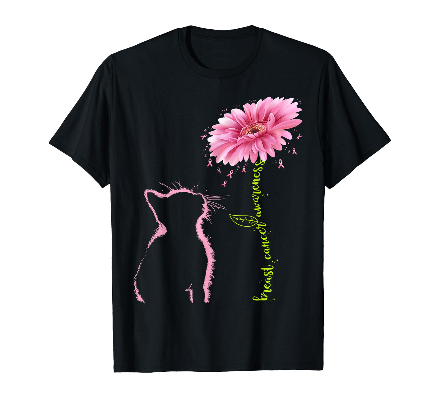 Breast Cancer Awareness Pink Ribbon Daisy Flower Cat Lovers T-Shirt
