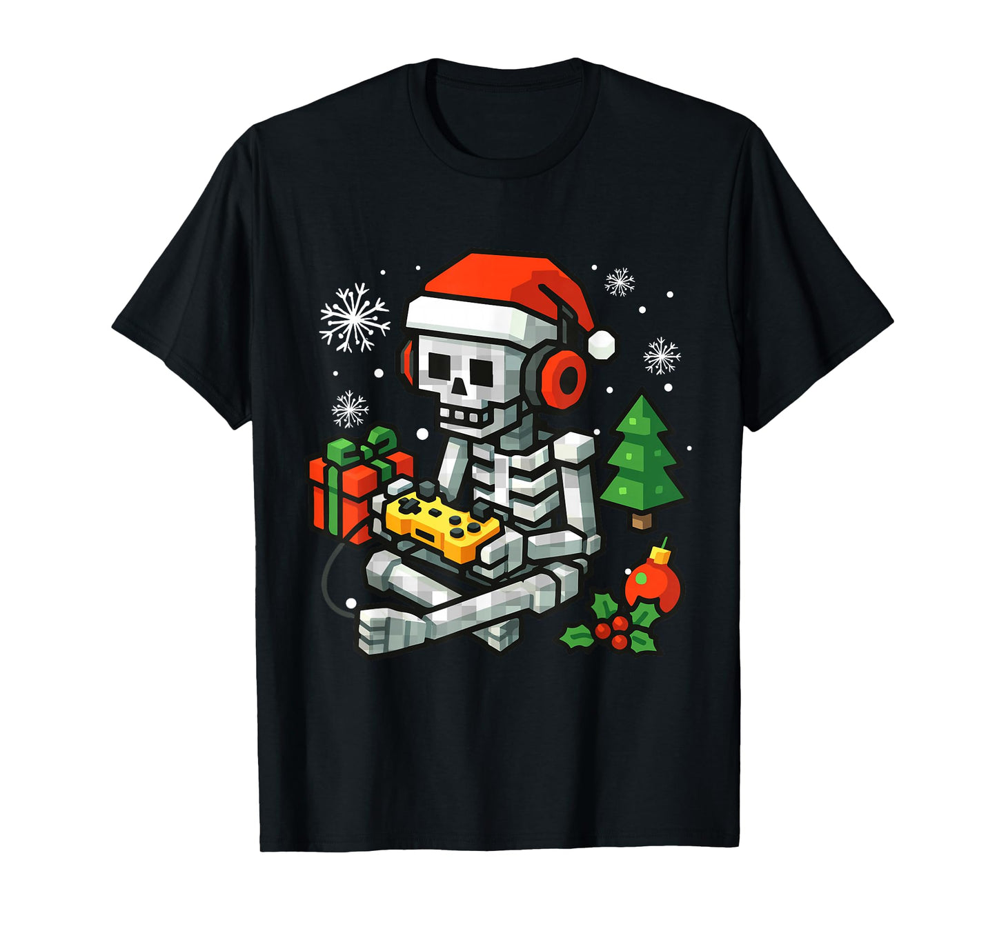 Christmas Skeleton Santa Hat Game Pixel Video Boys Men Kids T-Shirt