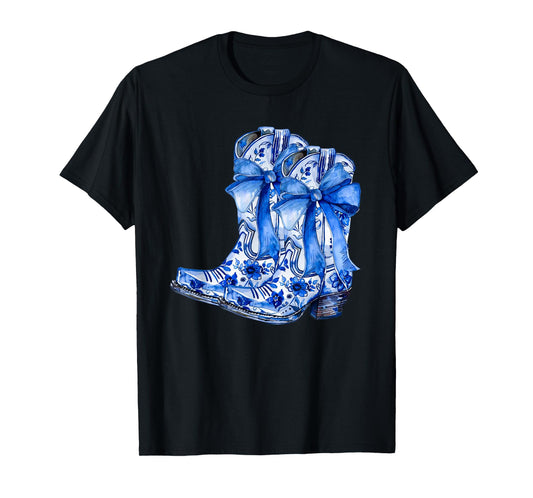 Boots Bow Coquette Coastal Cowgirl Blue Chinoiserie Floral T-Shirt