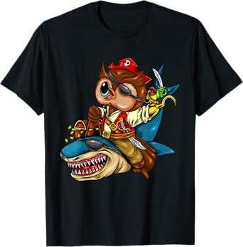 Pirate Owl Riding Shark Halloween T-Shirt