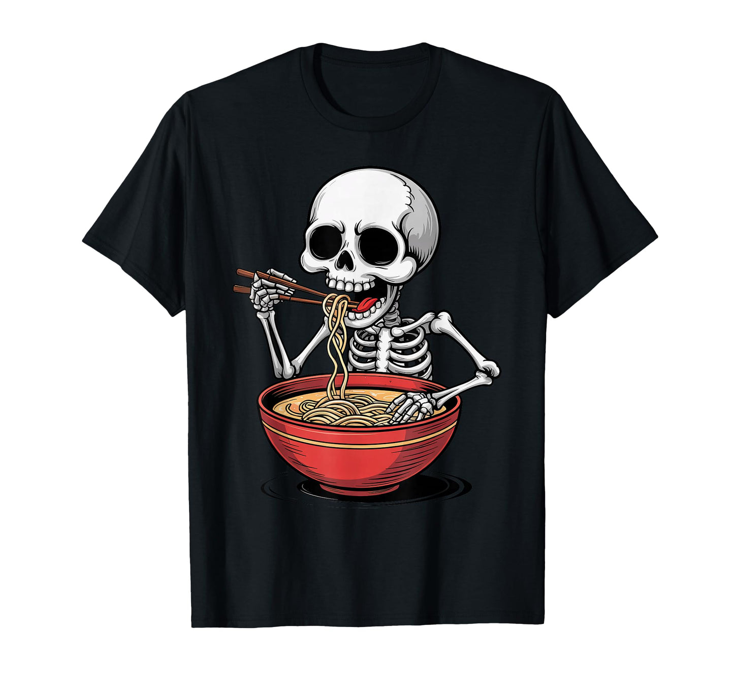 Halloween Skeleton Eating Japanese Ramen Noodle Bowl Funny T-Shirt