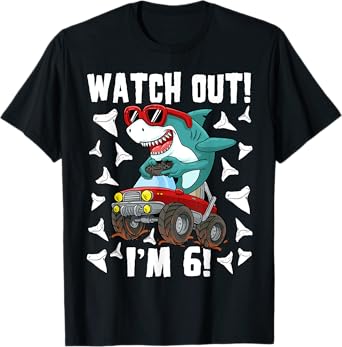 6 Years Old 6th Birthday Shark Boy Girl Monster Truck Gamer T-Shirt