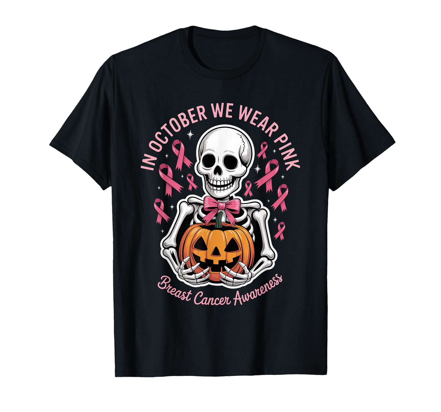 in October We Wear Pink Breast Cancer Halloween T-Shirt