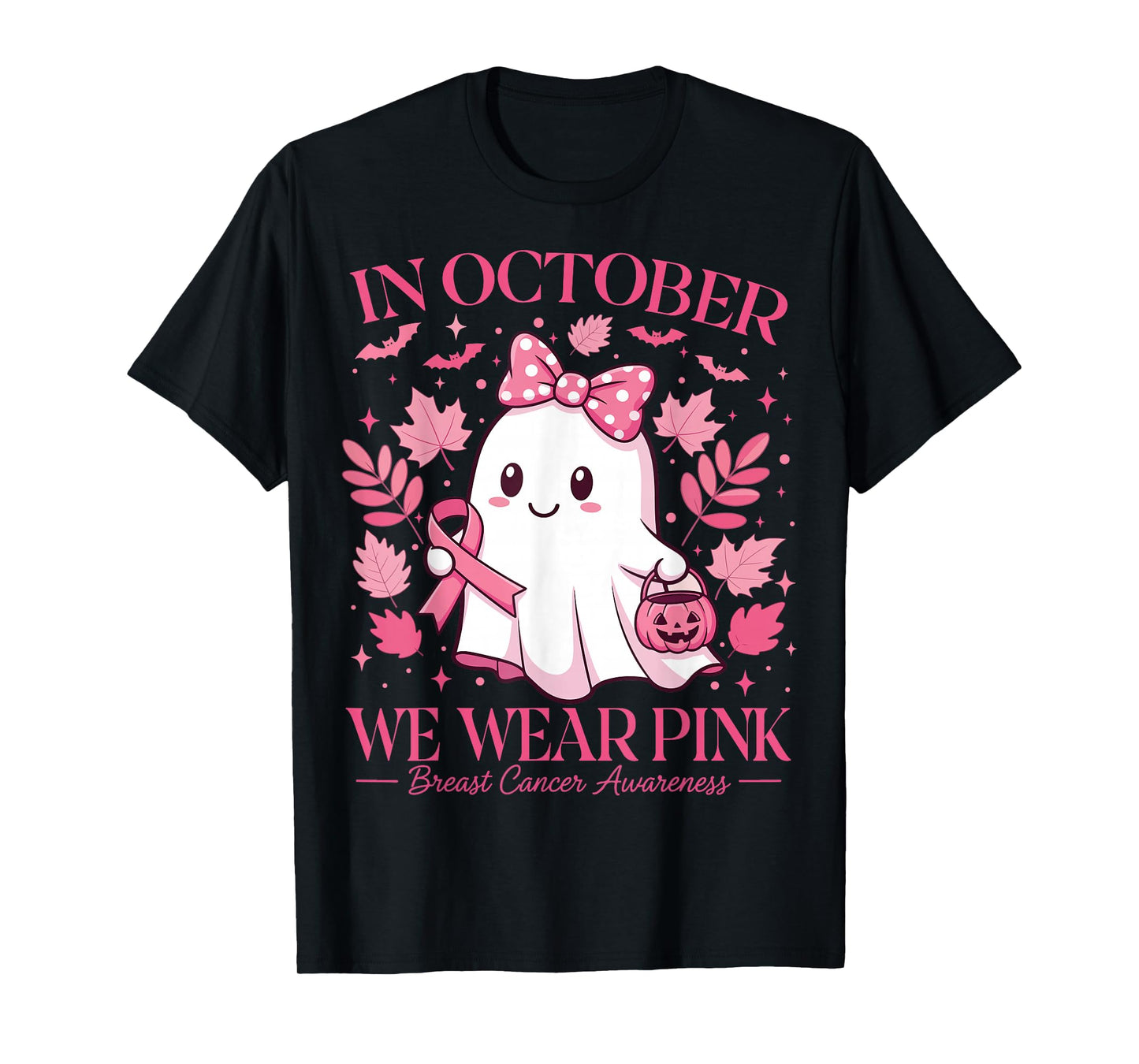 October We Wear Pink Breast Cancer Ghost Halloween Pumpkin T-Shirt