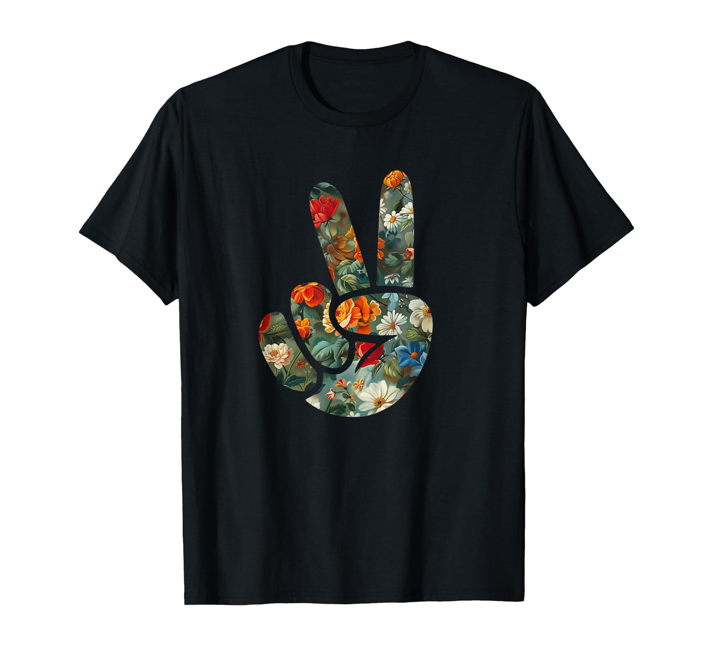 Elegant Silhouette Wildflowers Floral Peace Sign Hand T-Shirt