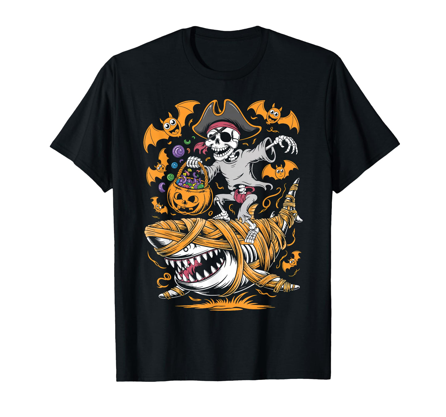 Skeleton Riding Mummy Shark Funny Halloween Pumpkin T-Shirt