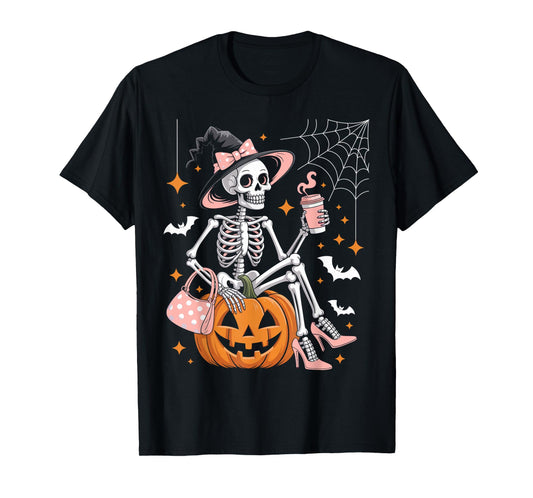 Cute Skeleton Drinking Coffee Lover Halloween Outfits Women T-Shirt