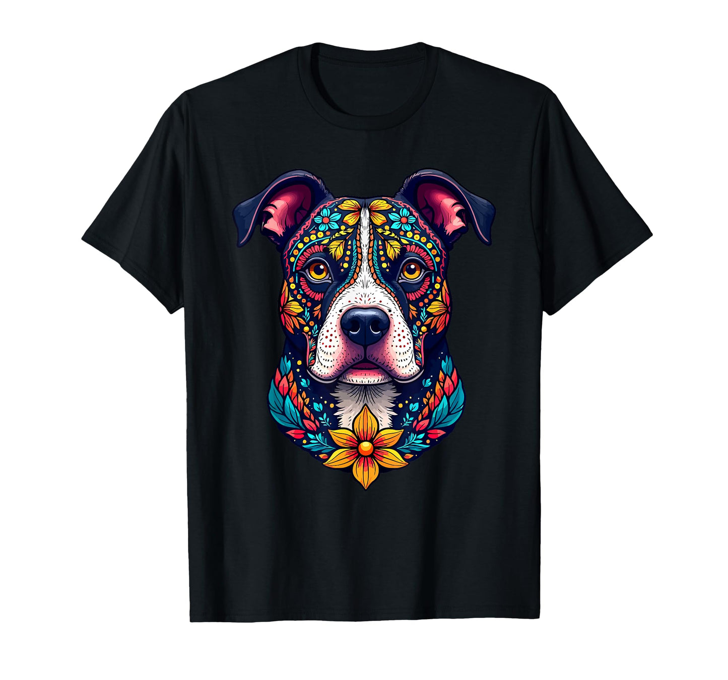Mexican Sugar Skull Pitbull Dog Dia de Muertos Halloween Day T-Shirt