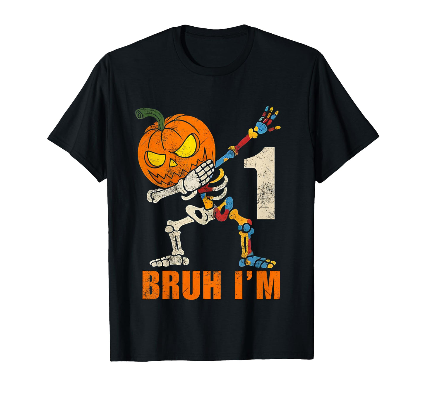 Kids Bruh I’m 1 Skeleton Autism Awareness Dabbing Halloween Boys T-Shirt