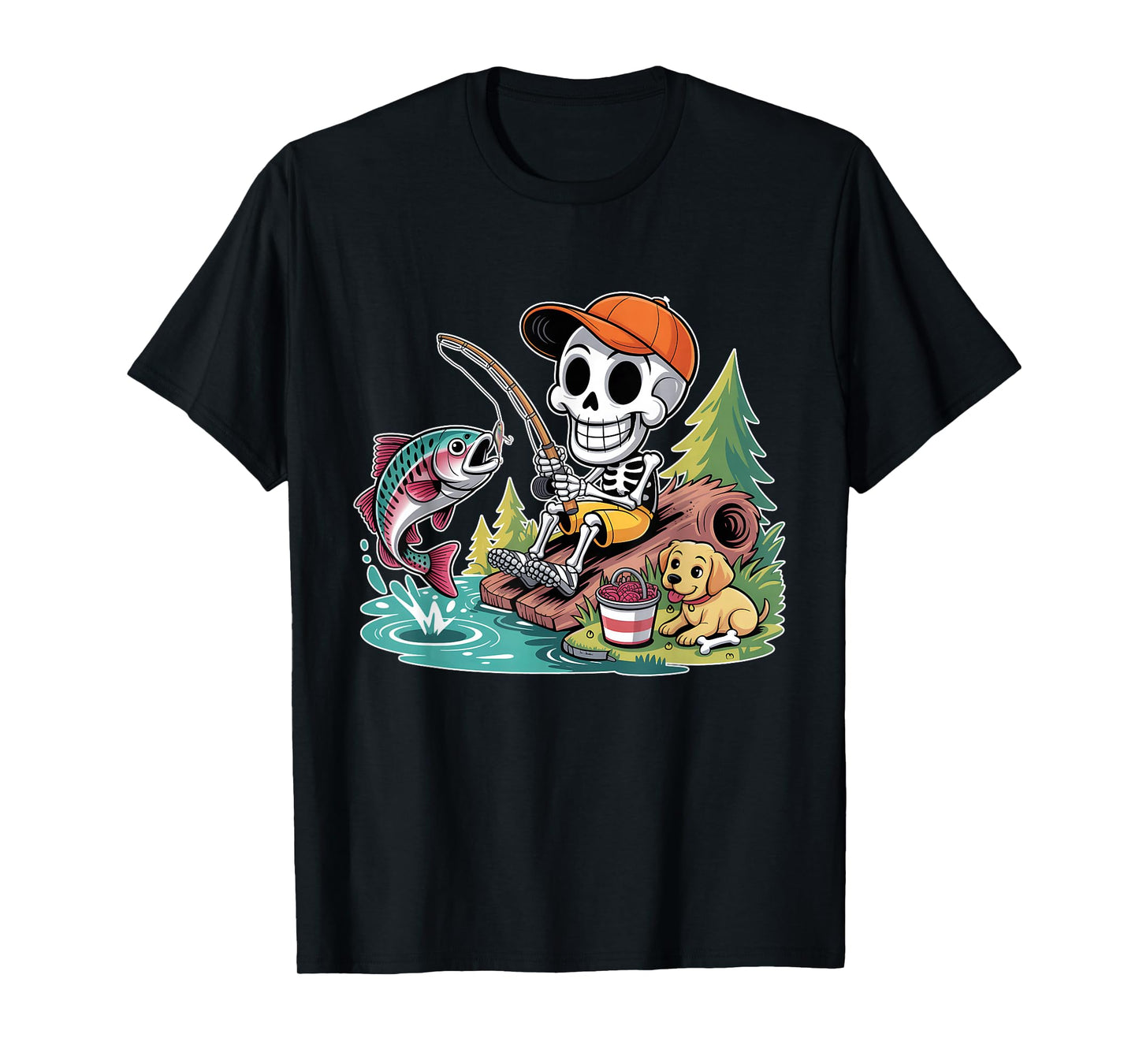 Fishing Skeleton with Dog and Jumping Fish Halloween Outdoor T-Shirt
