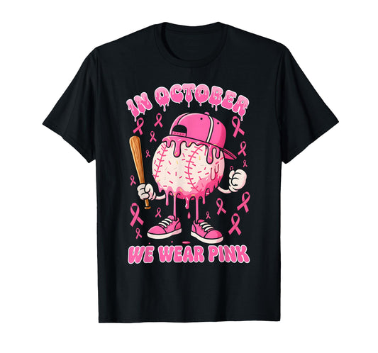 Baseball Ice Cream Drip in October Wear Pink Breast Cancer T-Shirt