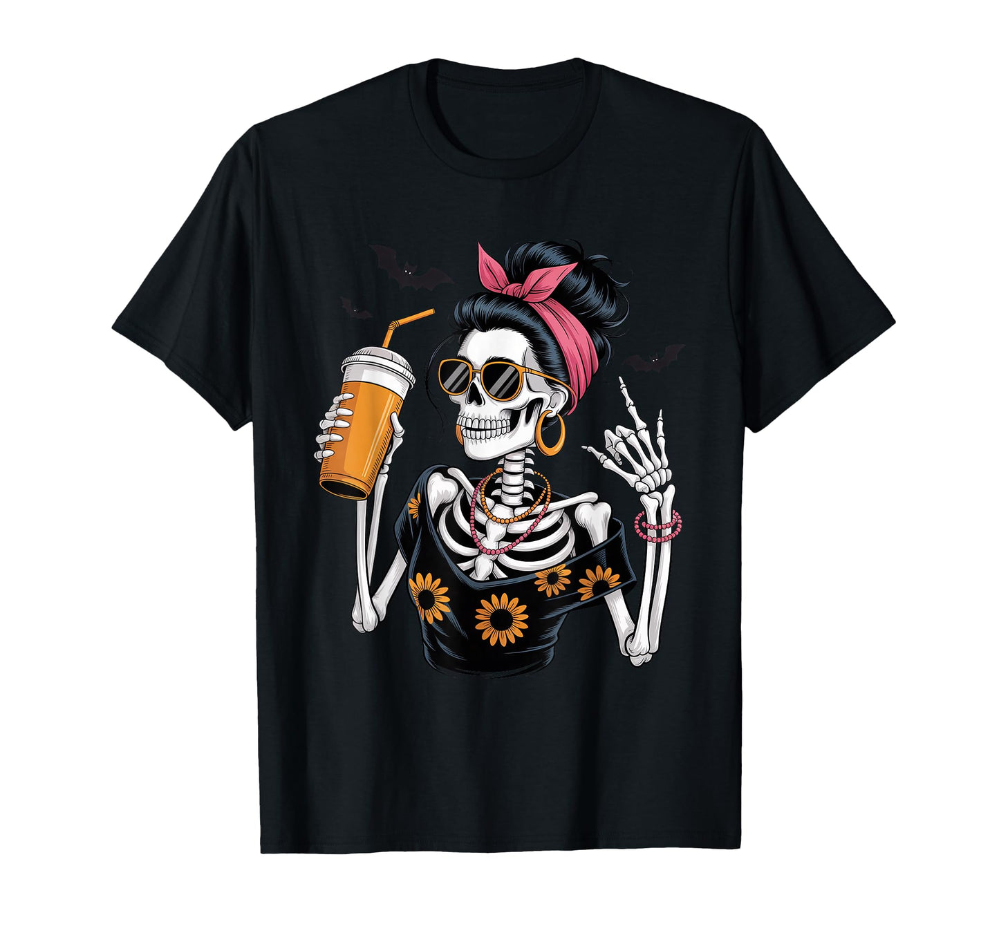 Skeleton Girl Drinking Coffee Peace Sign Graphic for Women T-Shirt