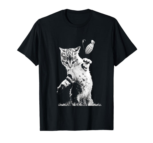 Cat Throwing Grenade Funny Kitty Cat Grenade Scene Cat Lover T-Shirt