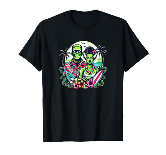 Frankenstein Monster and Bride Tropical Hawaiian Beach T-Shirt for Men Women Girls Kids