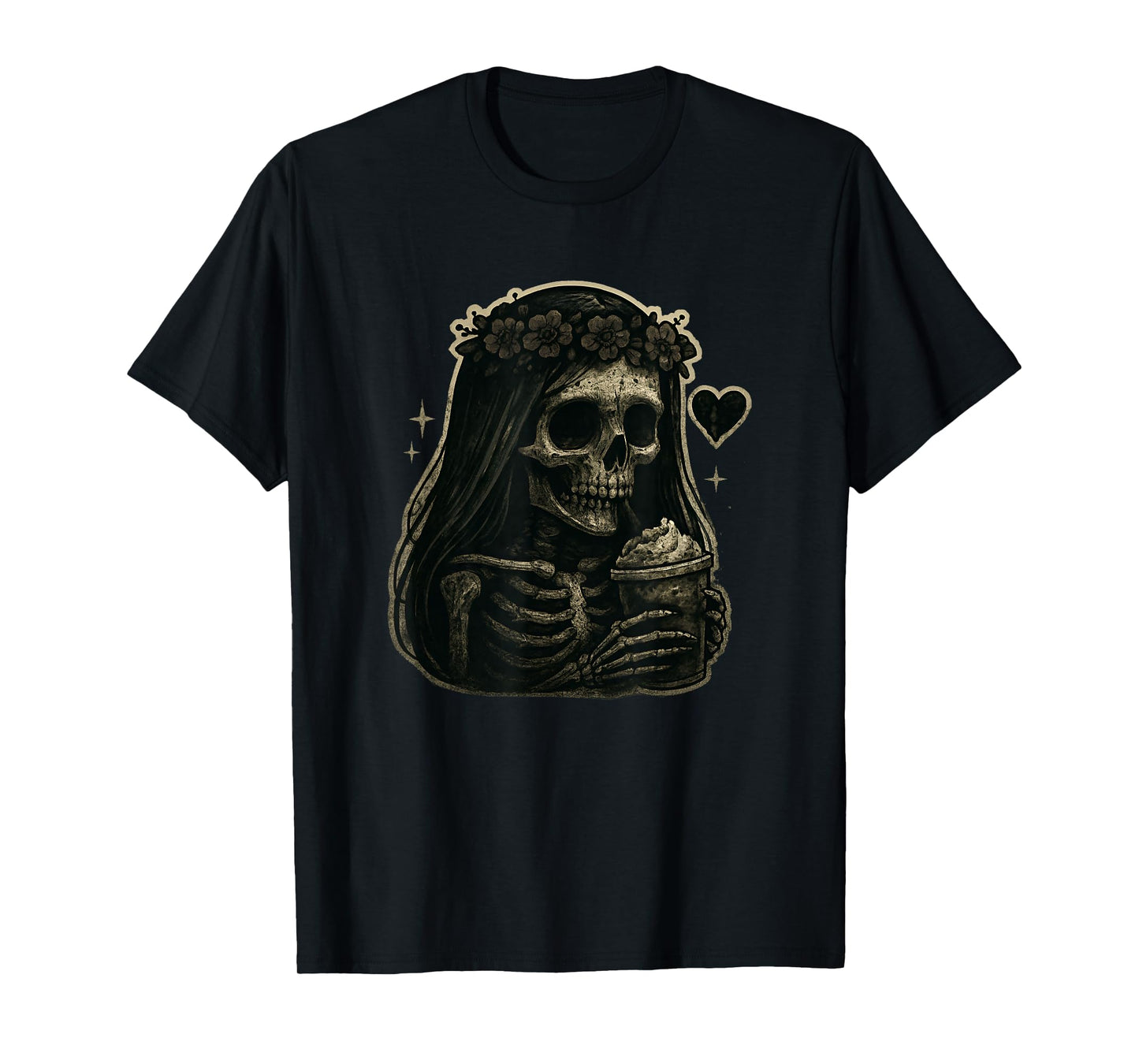 Skeleton Girl Drinking Coffee Peace Sign Graphic for Women T-Shirt