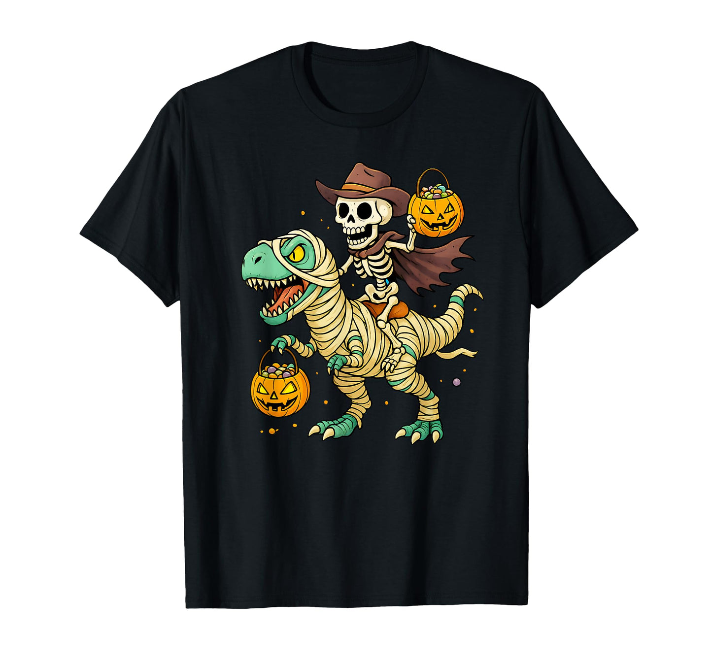 Skeleton Riding Mummy Dinosaur T Rex Kids Boys Men Halloween T-Shirt