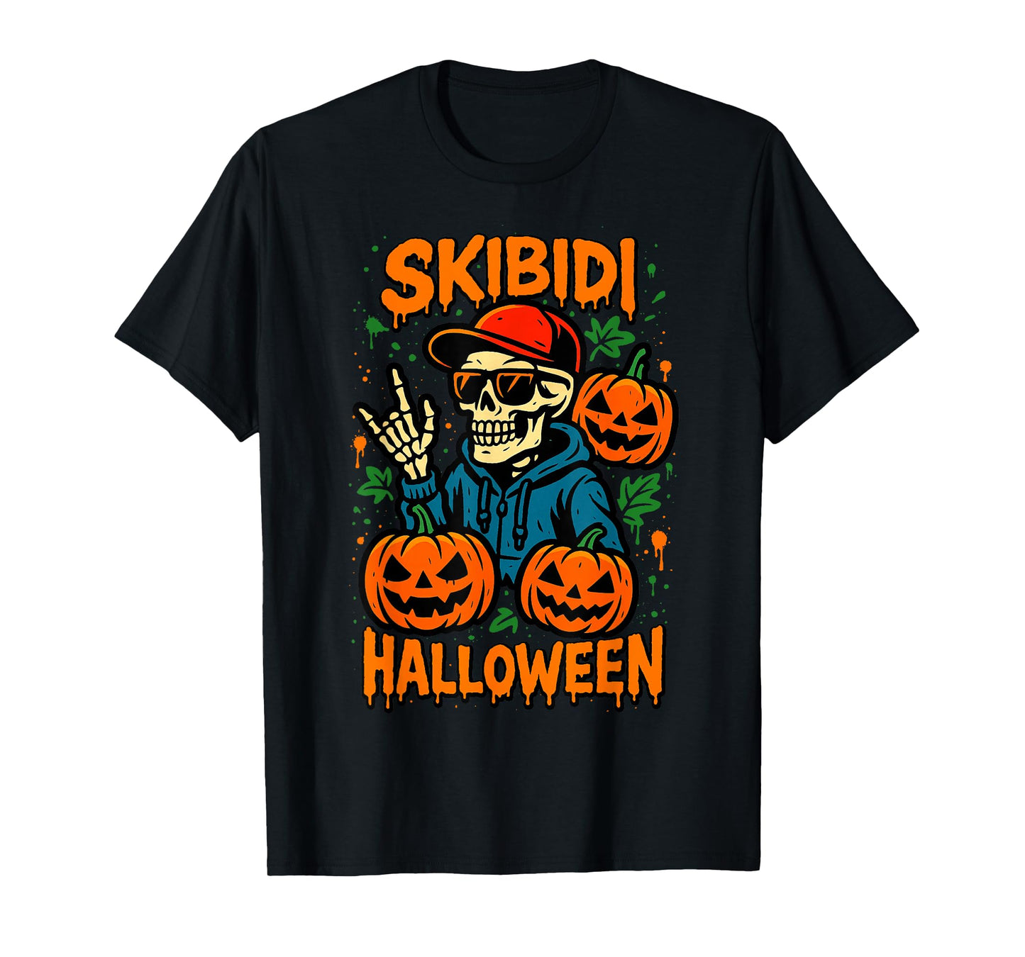 Skibidi Skeleton Halloween Teen Kid Slang Pumpkins Fall Rizz T-Shirt