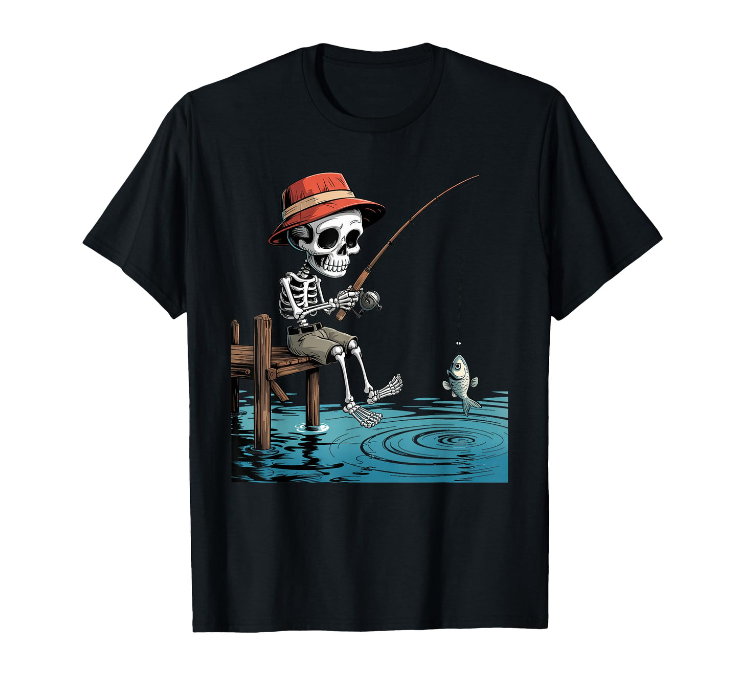 Halloween Creepy Skeleton Fishing Spooky Season Mens Womens T-Shirt