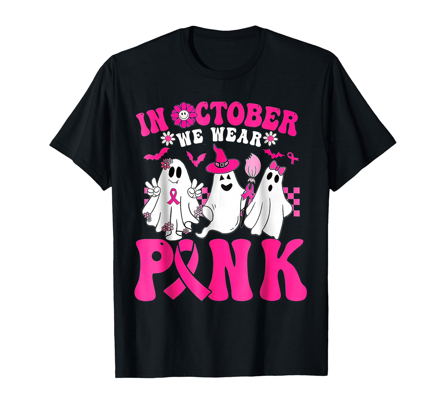 Wear Pink Breast Cancer Warrior Ghost Halloween Groovy T-Shirt