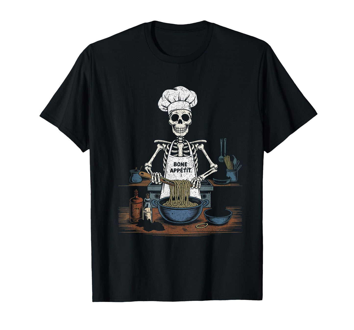 Bone Appetit Skeleton Chef Cooking Pasta Funny Halloween T-Shirt