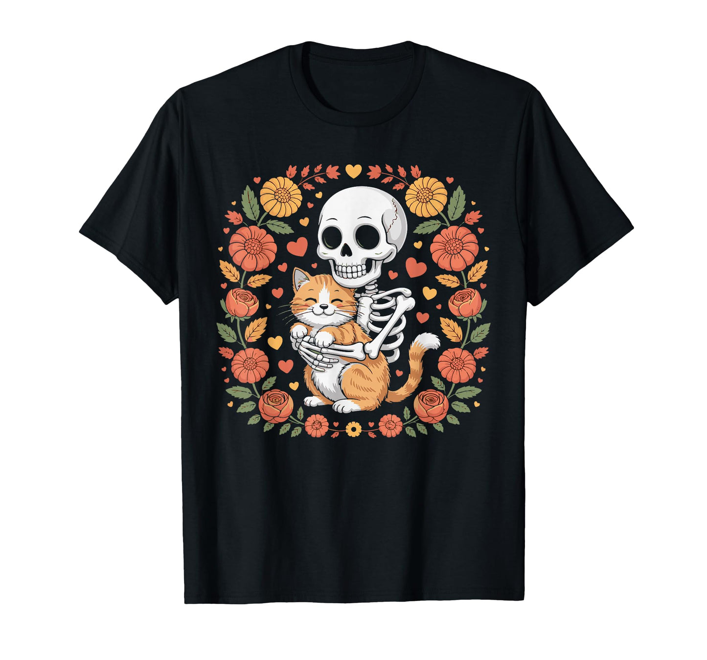 Halloween Skeleton Cat with Floral Design Outfit for Women T-Shirt