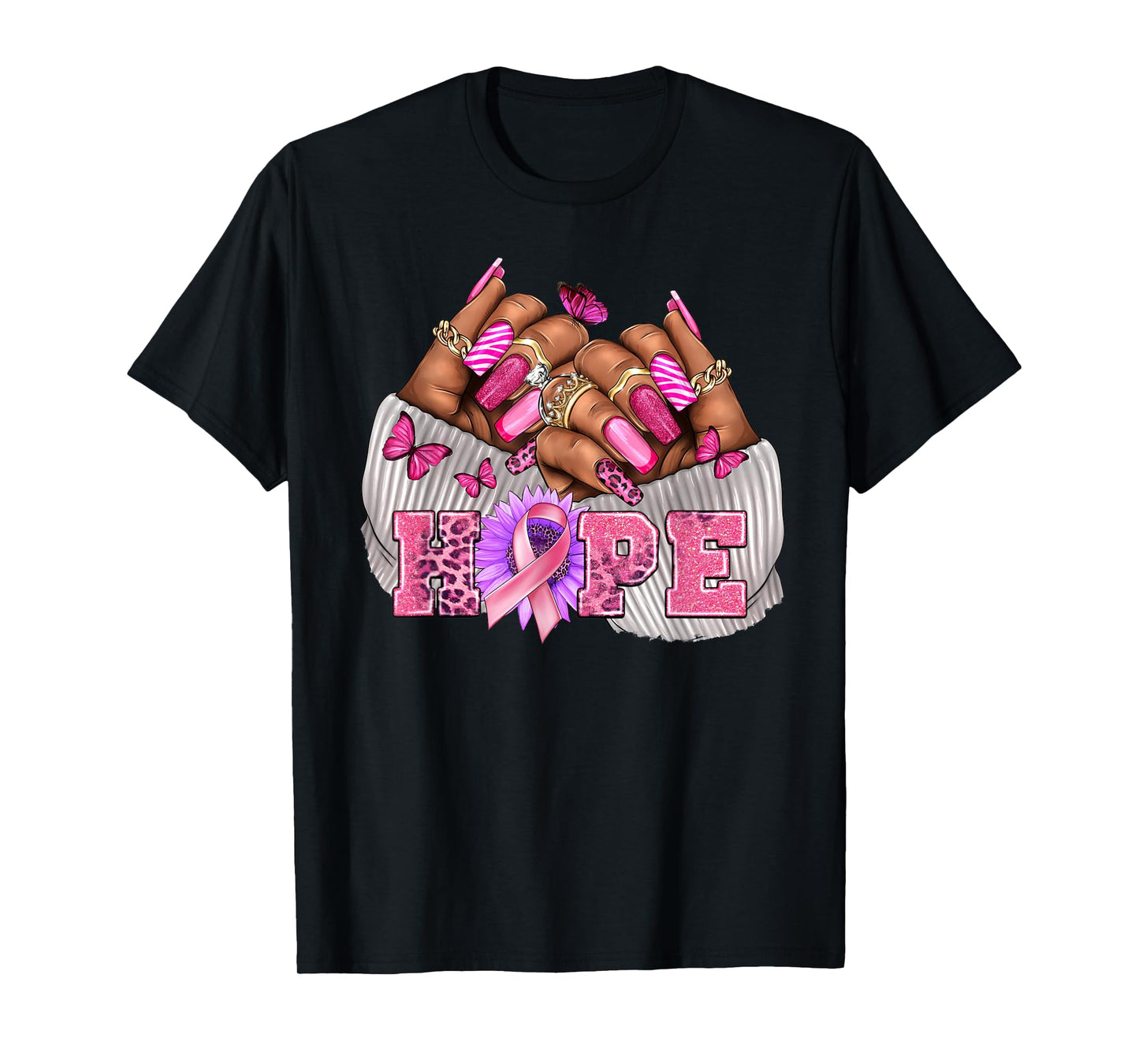 Black Woman Breast Cancer Nails Black Queen October HOPE T-Shirt