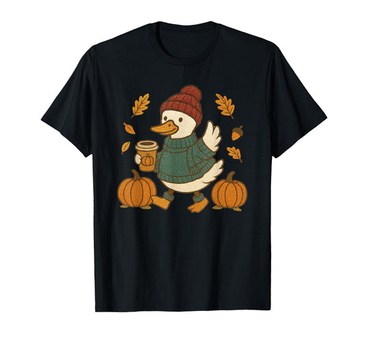 Cozy Autumn Duck Pumpkin Coffee Lovers Fall Tee T-Shirt