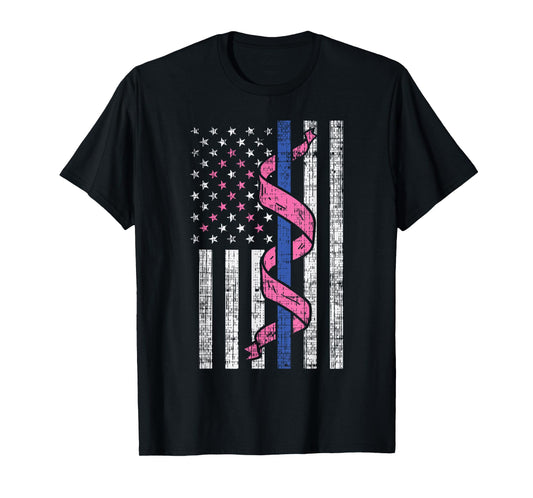 Blue Line Police US Flag Pink Ribbon Breast Cancer Awareness T-Shirt