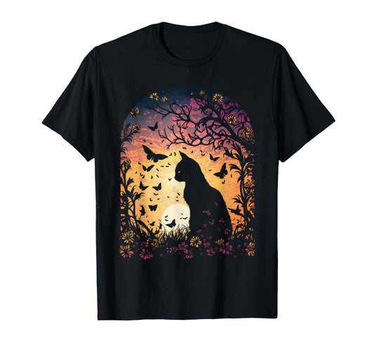 Cottagecore Cat Sunset Butterflies Flowers Garden Women T-Shirt