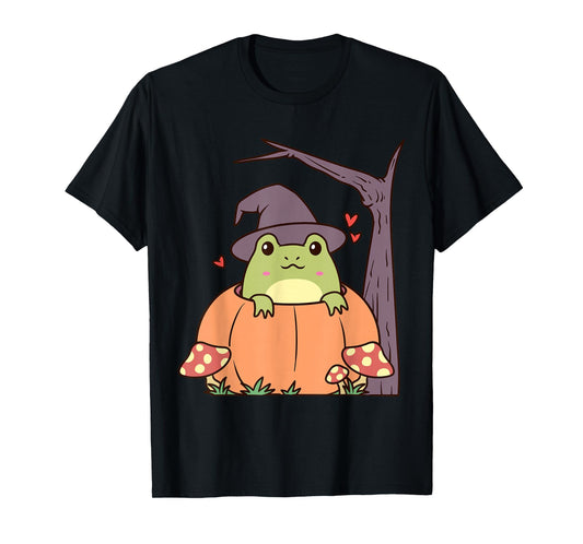 Cute Frog with Witch Hat Halloween Pumpkin T-Shirt