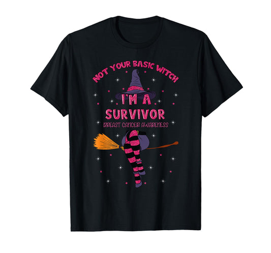 Halloween Witch Pink Awareness Ribbon Breast Cancer Survivor T-Shirt