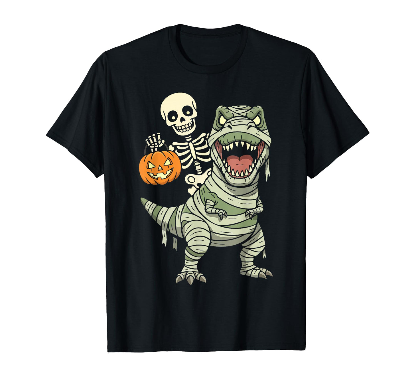 Skeleton Riding Mummy Dinosaur T rex Halloween Funny Pumpkin T-Shirt