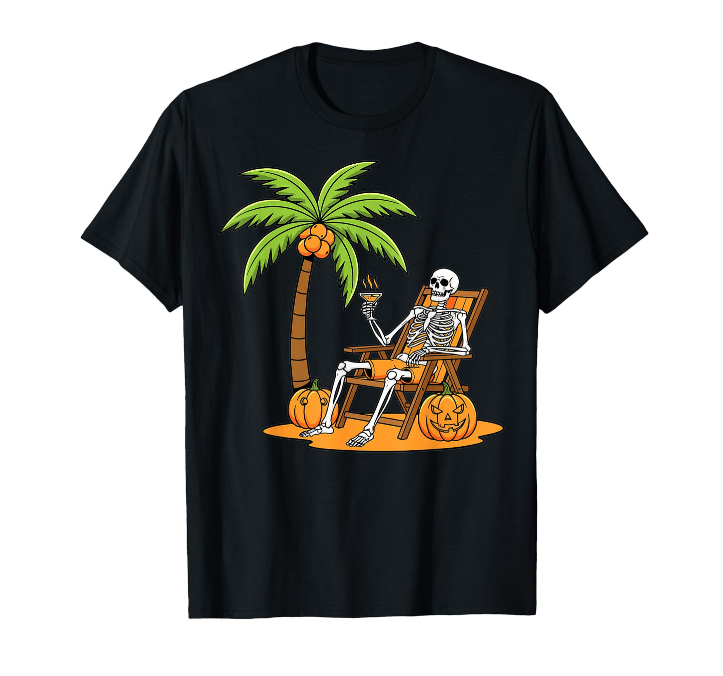 Halloween Skeleton Beach Vacation Palm Tree Pumpkin T-Shirt