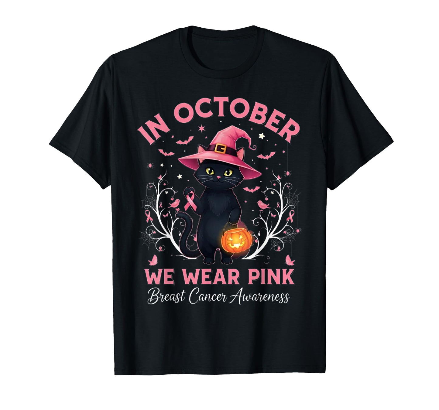 Fun Cat Pink Ribbon in October We Wear Pink Breast Cancer T-Shirt