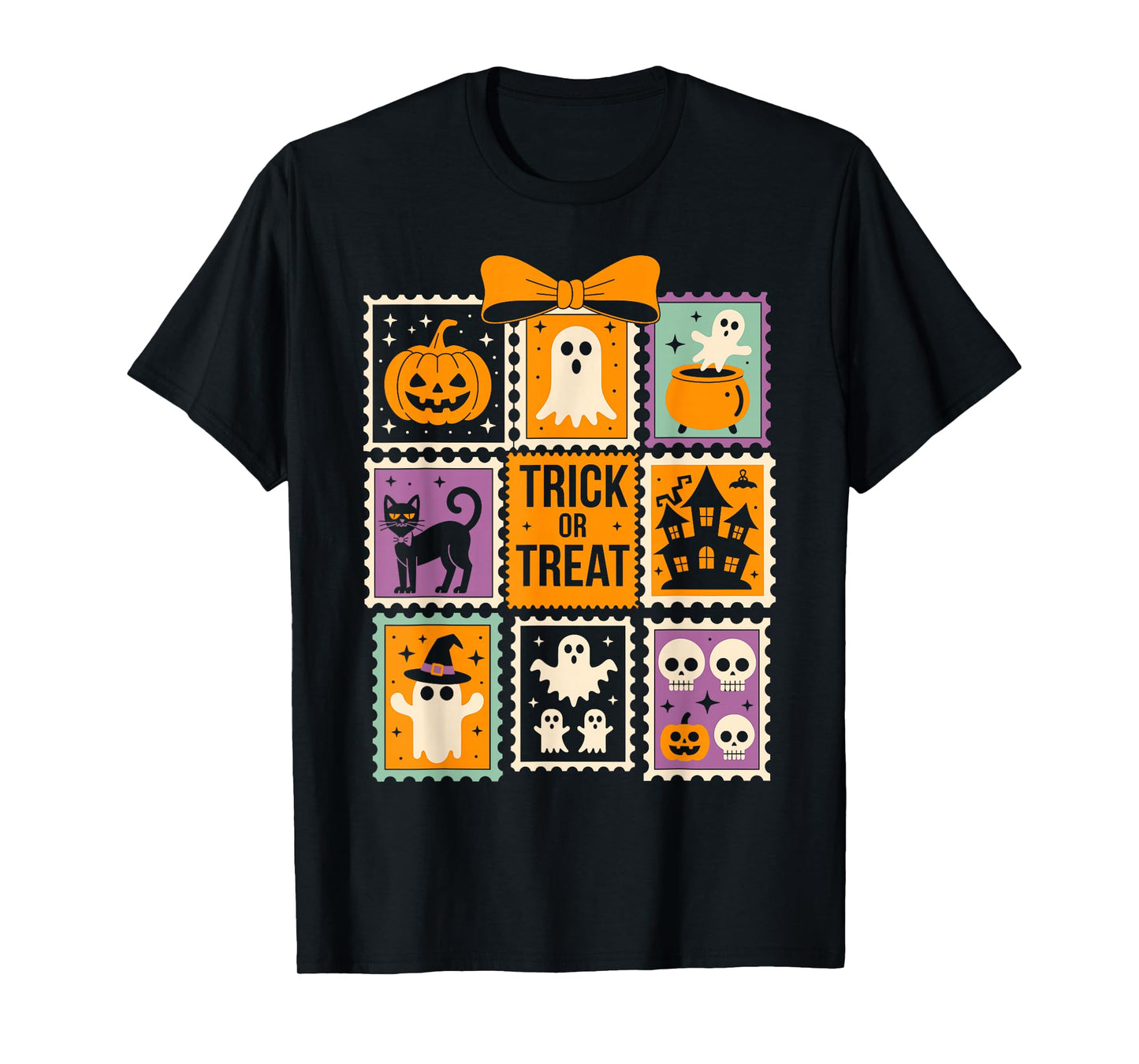 Halloween Stamps Spooky Pumpkin Ghost Cat Witch Skeleton T-Shirt