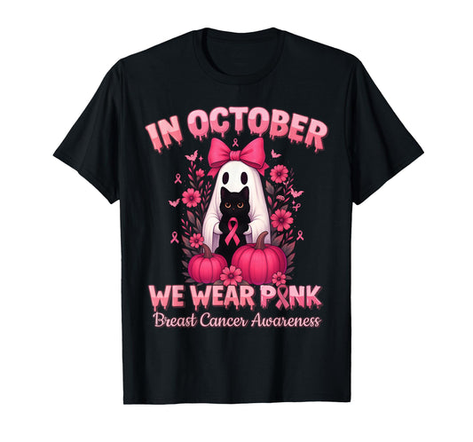 in October We Wear Pink Ghost Witch Breast Cancer Awareness T-Shirt
