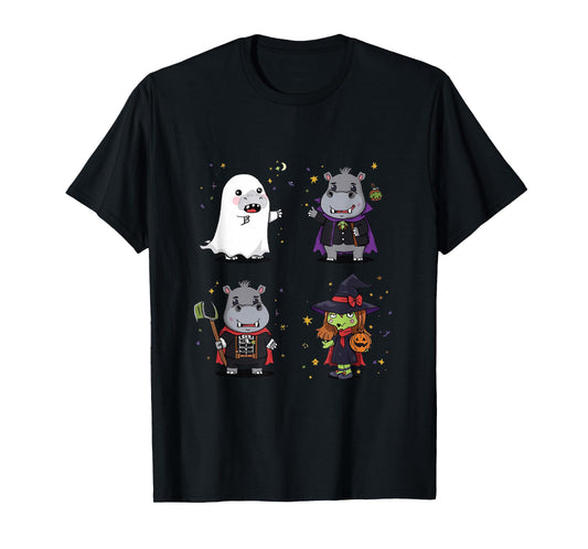 Cute Halloween Hippo Funny Ghost, Vampire, Skeleton & Witch T-Shirt
