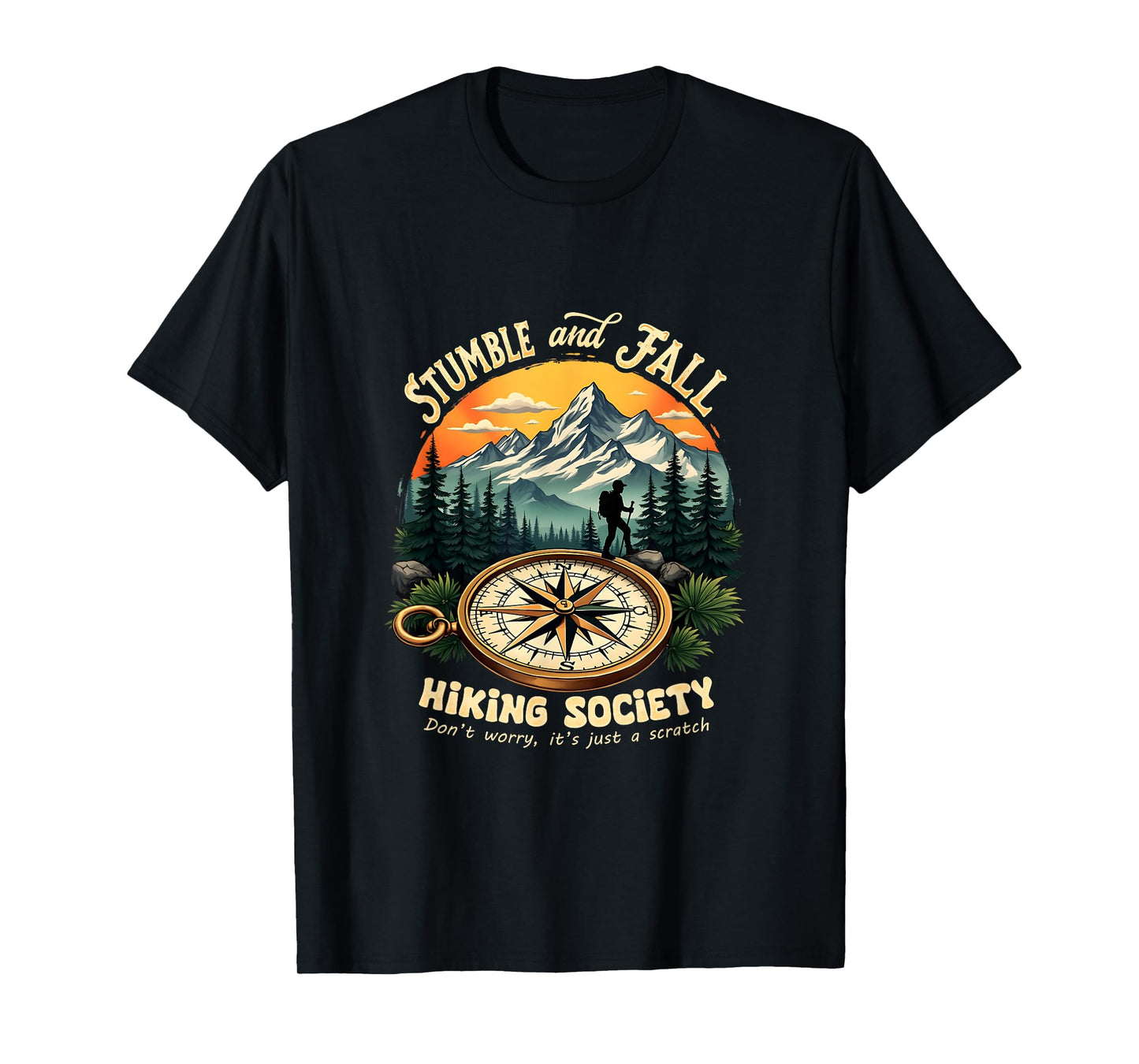Retro Vintage Hiking and Climbing Costume Vintage Stumble And Fall Hiking Society Don't Worry Hiking T-Shirt - Unisex-Adults, Black, Small, Short Sleeve, Polyester 100%, Nature-T-Shirt