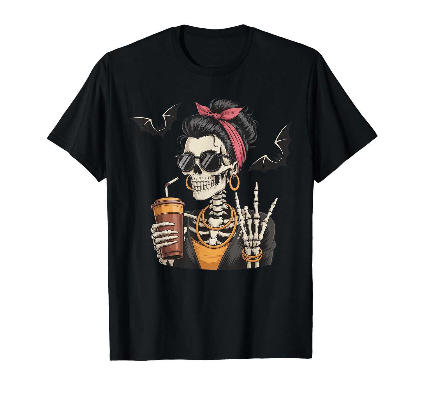 Skeleton Girl Drinking Coffee Peace Sign Graphic for Women T-Shirt