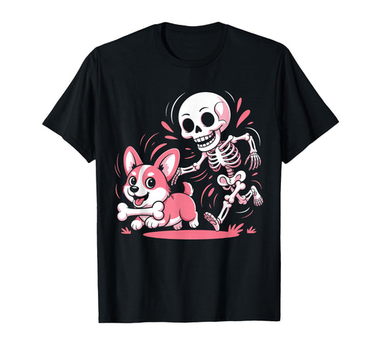 Cute Skeleton Chasing Corgi Halloween Dog Mom Pet Lover T-Shirt