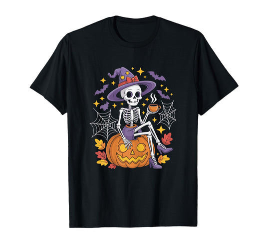 Cute Skeleton Drinking Coffee Halloween Outfit for Women T-Shirt
