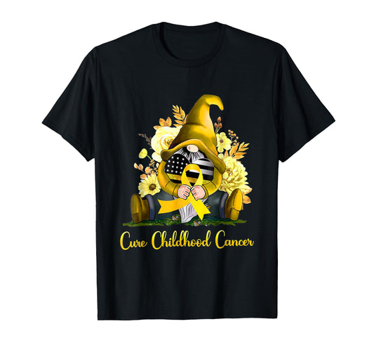 Cure Childhood Cancer Awareness Gold Ribbon Gnome Sunflower T-Shirt