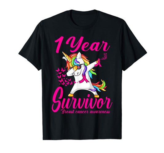 One 1 Years Survivor Breast Cancer Awareness Unicorn T-Shirt