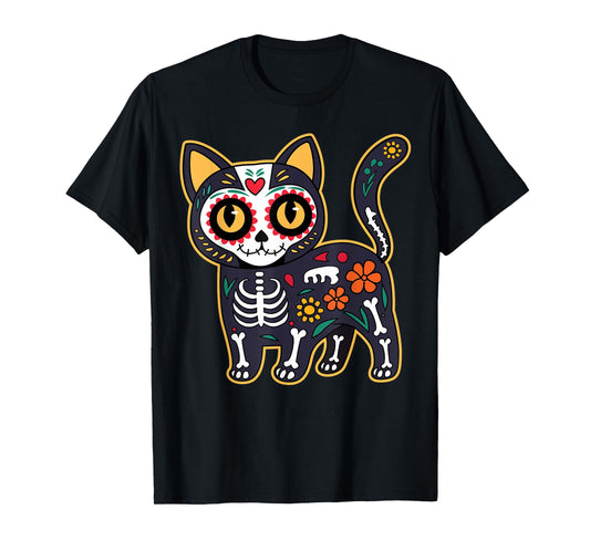 Sugar Skull Cat Halloween Dia De Los Muertos Day of Dead Men Women Kids T-Shirt