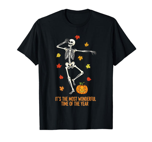 Dancing Skeleton Pumpkin Leaves Funny Halloween Vibes T-Shirt