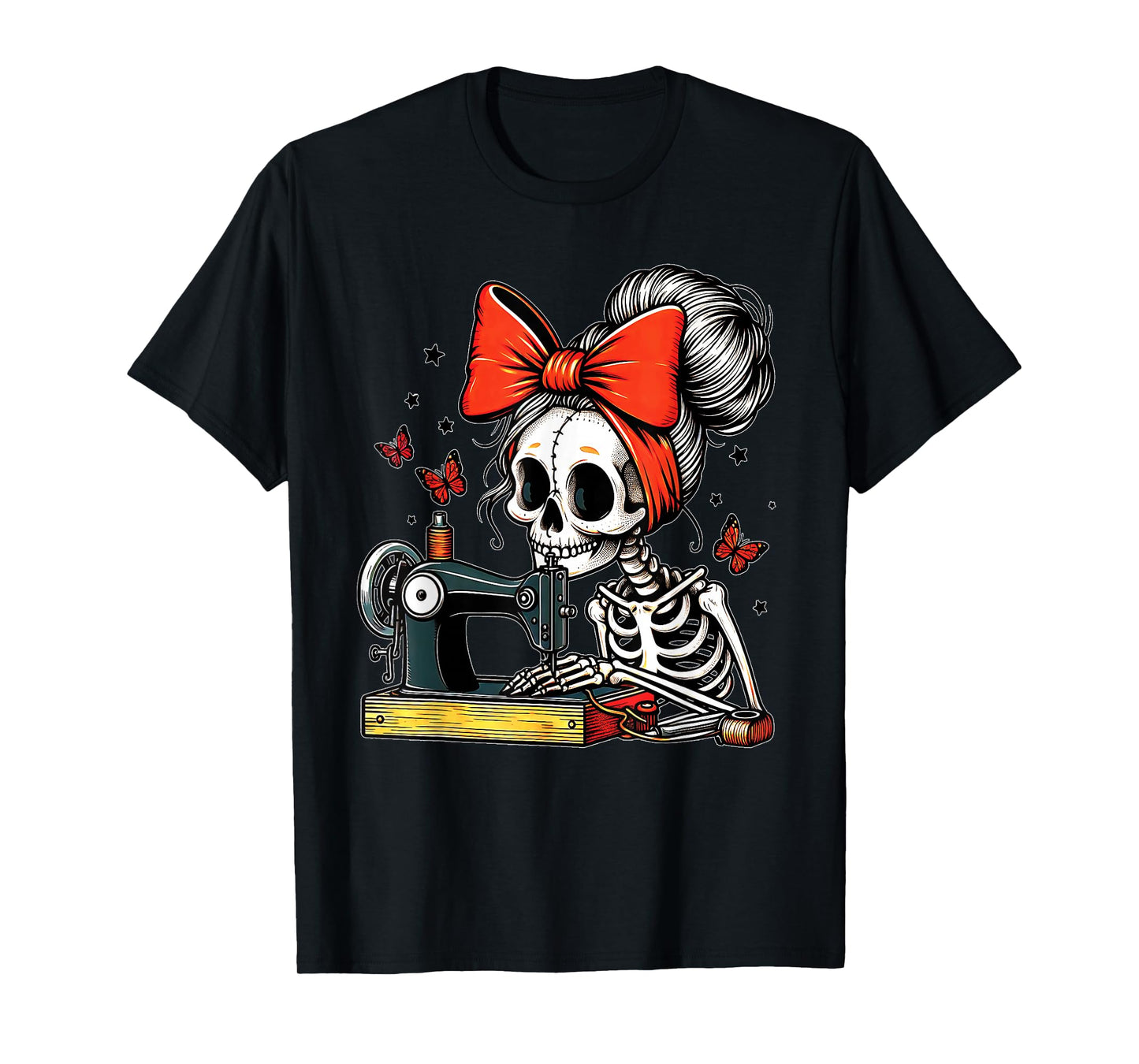Messy Bun Hair Skeleton Sewer Quilter Halloween Quilting T-Shirt